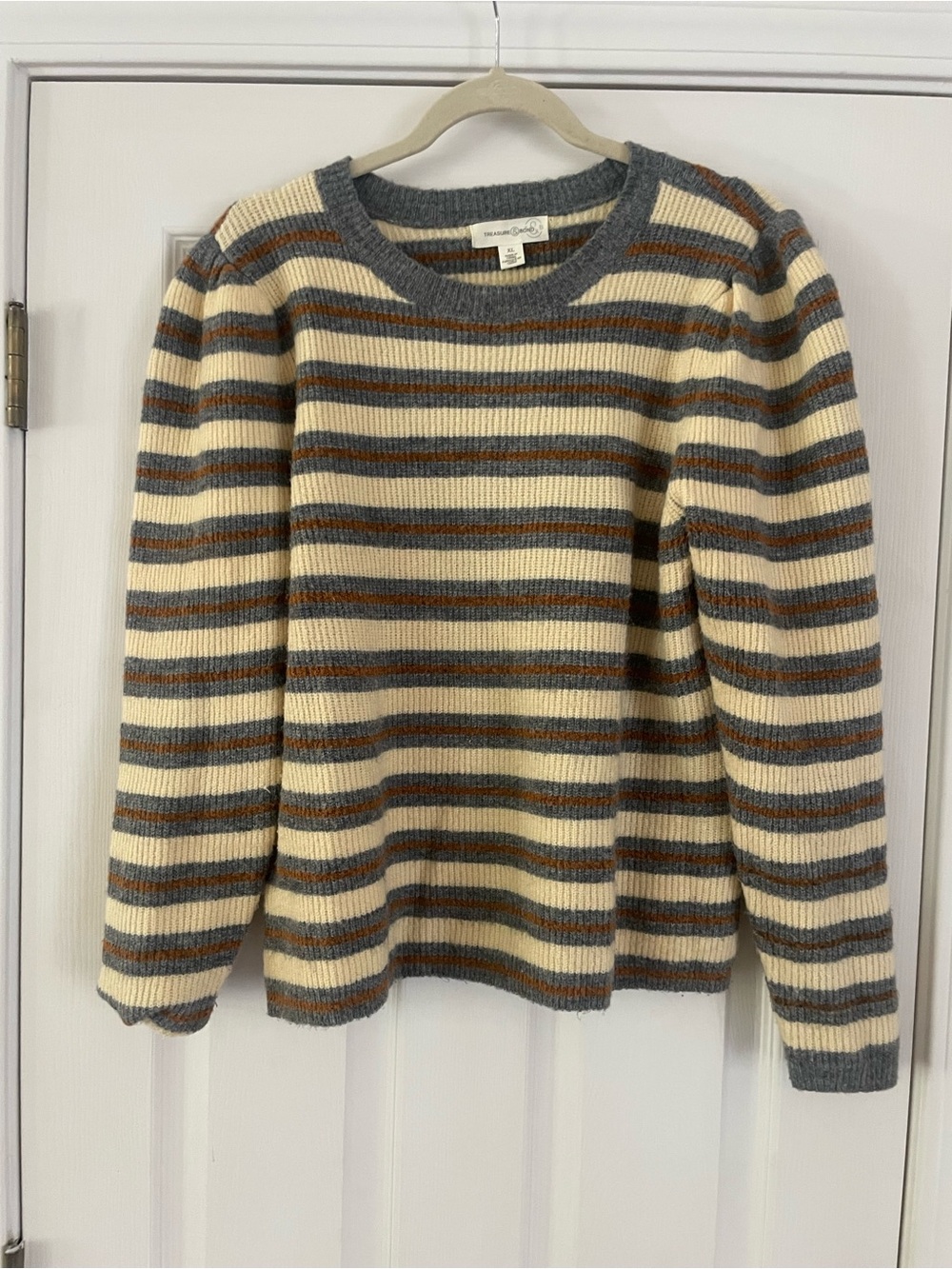 Treasure & Bond Striped Crewneck Sweater in Cream, Gray & Brown